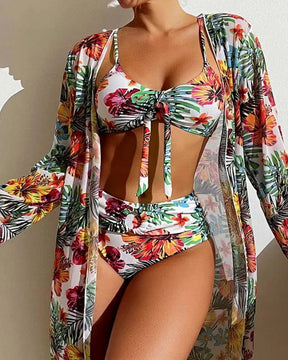 Conjunto de Biquíni Floral com Blusa de Tule